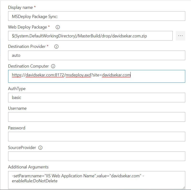 MsDeploy Package Sync task parameters