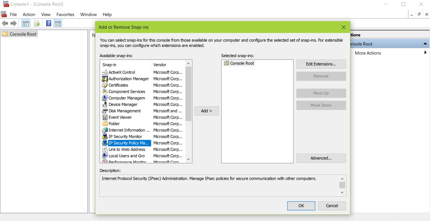 Add IPSec policy management snap-in